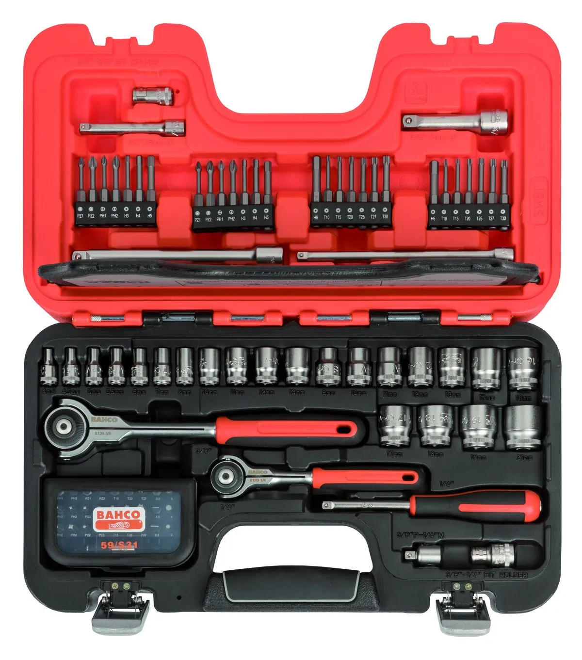 BAHCO SW91 | 91DELIG DOPSLEUTELSET 1/4″ – 3/8″ | SW91 – MET SCHARNIERENDE RATELKOP